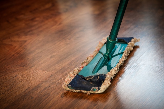 blue mop on dark wood floor
