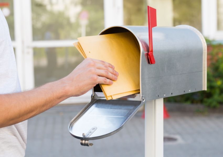person putting an envelope into a silver mailbox
